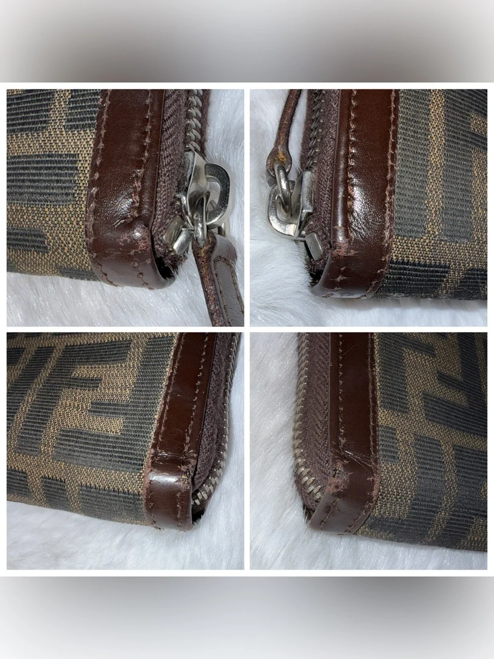 Fendi Monogram Canvas and Leather Zip Wallet in Dark Brown with Silver Hardware